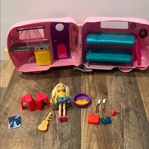 Pink and Blue Toy Camper Set with Doll